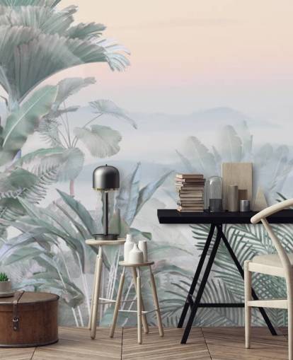 Wandbild Tranquil Jungle, grün und rosa, personalisierbar, tropischer Dschungel, für Badezimmer