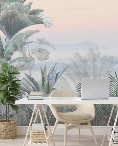 groene en roze aanpasbare tropische jungle behangmuurschildering genaamd Tranquil Jungle voor badkamers groene en roze aanpasbare tropische jungle behangmuurschildering genaamd Tranquil Jungle voor badkamers