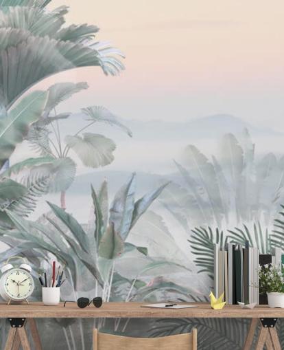 green and pink customisable tropical jungle wallpaper mural called Tranquil Jungle for bathrooms