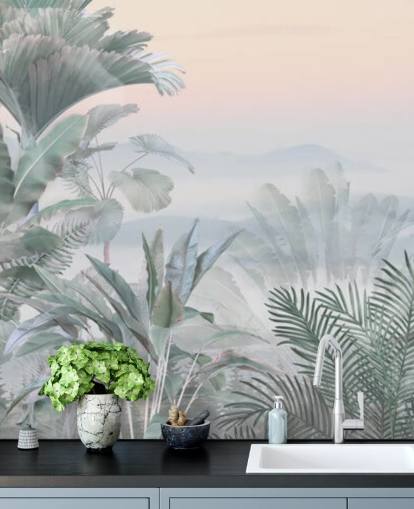 groene en roze aanpasbare tropische jungle behangmuurschildering genaamd Tranquil Jungle voor badkamers groene en roze aanpasbare tropische jungle behangmuurschildering genaamd Tranquil Jungle voor badkamers