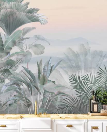 carta da parati murale personalizzabile con giungla tropicale verde e rosa chiamata Tranquil Jungle per bagni