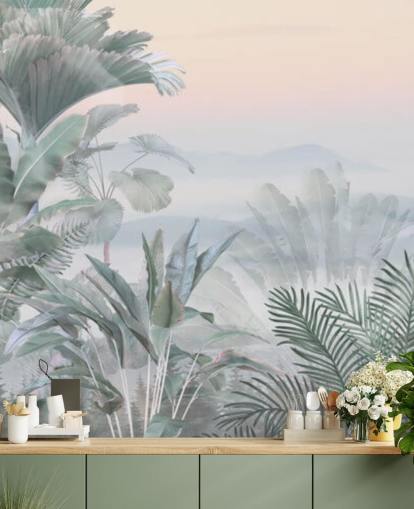 carta da parati murale personalizzabile con giungla tropicale verde e rosa chiamata Tranquil Jungle per bagni