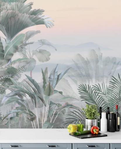 carta da parati murale personalizzabile con giungla tropicale verde e rosa chiamata Tranquil Jungle per bagni