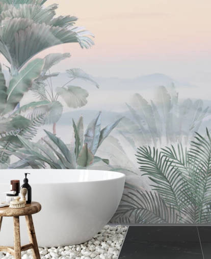 mural de papel de parede de selva tropical personalizável verde e rosa chamado Tranquil Jungle para banheiros mural de papel de parede de selva tropical personalizável verde e rosa chamado Tranquil Jungle para banheiros