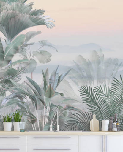 papier peint mural personnalisable vert et rose de la jungle tropicale appelé Tranquil Jungle pour salles de bain