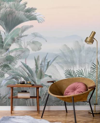 mural de papel pintado de selva tropical personalizable verde y rosa llamado Tranquil Jungle para baños mural de papel pintado de selva tropical personalizable verde y rosa llamado Tranquil Jungle para baños