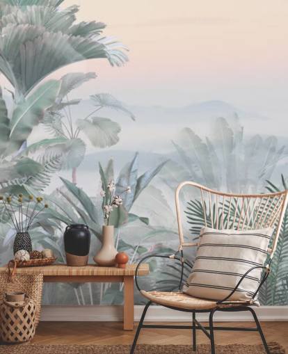 groene en roze aanpasbare tropische jungle behangmuurschildering genaamd Tranquil Jungle voor badkamers