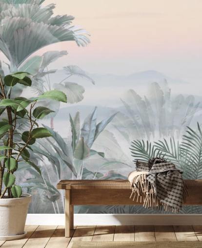 carta da parati murale personalizzabile con giungla tropicale verde e rosa chiamata Tranquil Jungle per bagni