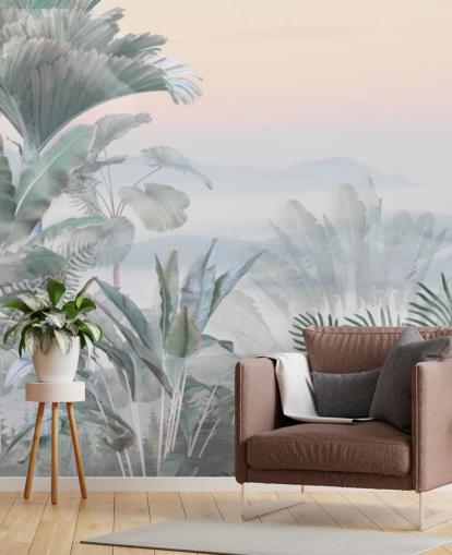 mural de papel pintado de selva tropical personalizable verde y rosa llamado Tranquil Jungle para baños