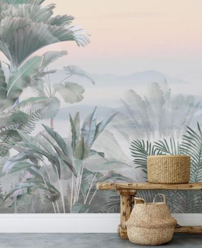 mural de papel de parede de selva tropical personalizável verde e rosa chamado Tranquil Jungle para banheiros mural de papel de parede de selva tropical personalizável verde e rosa chamado Tranquil Jungle para banheiros