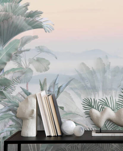 groene en roze aanpasbare tropische jungle behangmuurschildering genaamd Tranquil Jungle voor badkamers groene en roze aanpasbare tropische jungle behangmuurschildering genaamd Tranquil Jungle voor badkamers