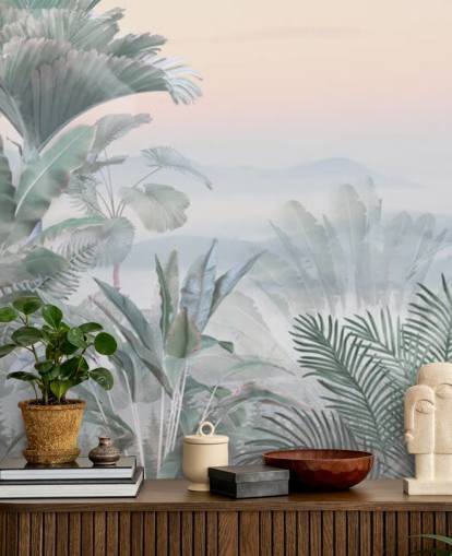 carta da parati murale personalizzabile con giungla tropicale verde e rosa chiamata Tranquil Jungle per bagni carta da parati murale personalizzabile con giungla tropicale verde e rosa chiamata Tranquil Jungle per bagni