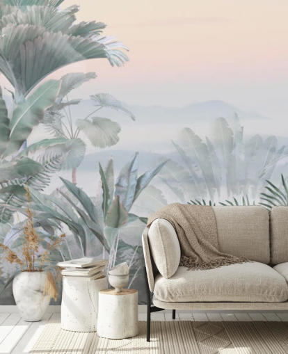 carta da parati murale personalizzabile con giungla tropicale verde e rosa chiamata Tranquil Jungle per bagni