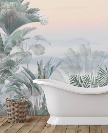 mural de papel pintado de selva tropical personalizable verde y rosa llamado Tranquil Jungle para baños