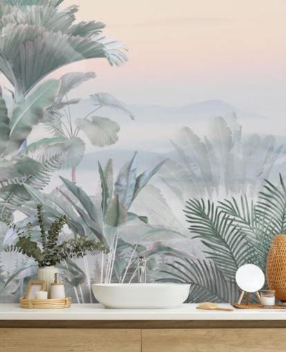 carta da parati murale personalizzabile con giungla tropicale verde e rosa chiamata Tranquil Jungle per bagni carta da parati murale personalizzabile con giungla tropicale verde e rosa chiamata Tranquil Jungle per bagni