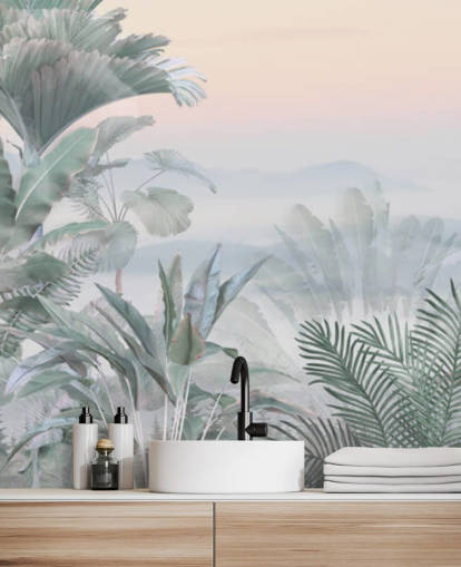 green and pink customisable tropical jungle wallpaper mural called Tranquil Jungle for bathrooms
