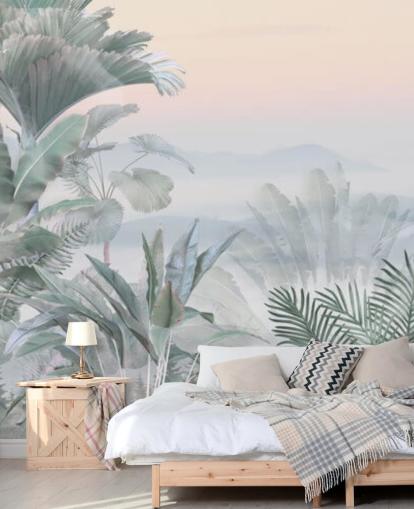 carta da parati murale personalizzabile con giungla tropicale verde e rosa chiamata Tranquil Jungle per bagni