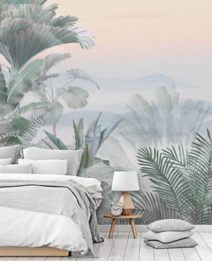 carta da parati murale personalizzabile con giungla tropicale verde e rosa chiamata Tranquil Jungle per bagni carta da parati murale personalizzabile con giungla tropicale verde e rosa chiamata Tranquil Jungle per bagni