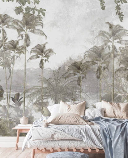 Muted green jungle wallpaper with tall tropical palm trees