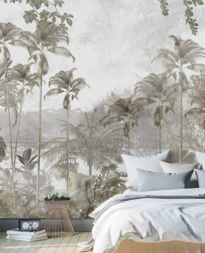 Papel de parede verde suave da selva com altas palmeiras tropicais