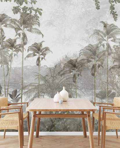 Papel pintado de selva verde apagado con altas palmeras tropicales