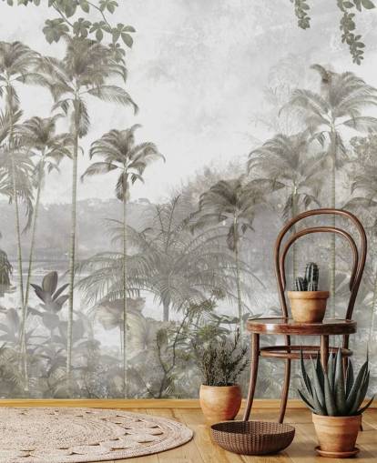 Papel pintado de selva verde apagado con altas palmeras tropicales