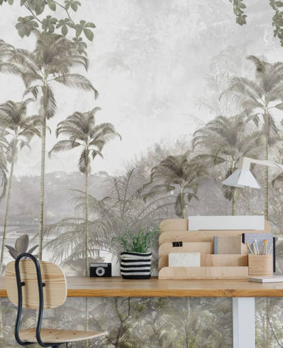 Muted green jungle wallpaper with tall tropical palm trees