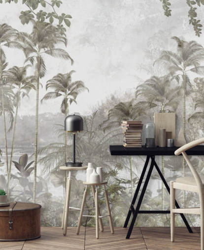 Muted green jungle wallpaper with tall tropical palm trees