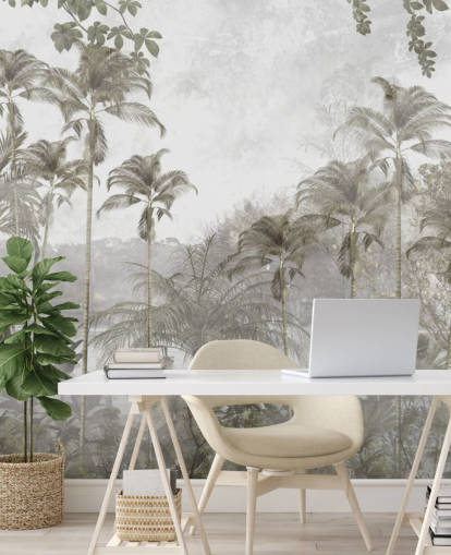 Muted green jungle wallpaper with tall tropical palm trees
