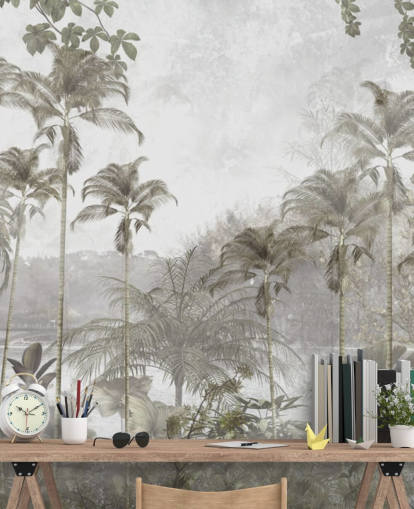 Papel de parede verde suave da selva com altas palmeiras tropicais