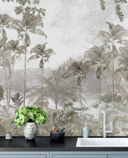 Muted green jungle wallpaper with tall tropical palm trees