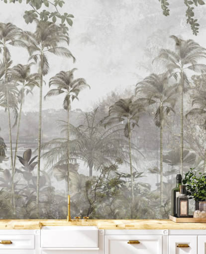 Papel de parede verde suave da selva com altas palmeiras tropicais