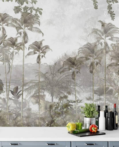 Muted green jungle wallpaper with tall tropical palm trees