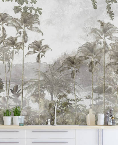 Papier peint de jungle verte atténuée avec de grands palmiers tropicaux