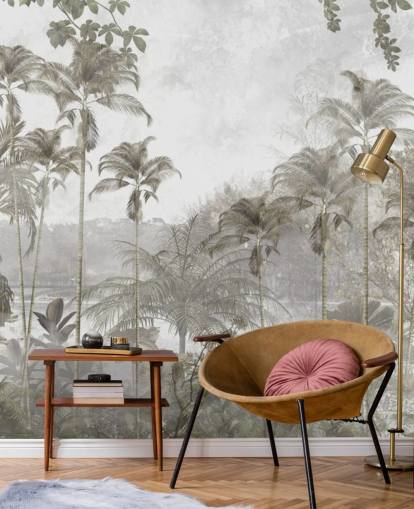 Muted green jungle wallpaper with tall tropical palm trees Muted green jungle wallpaper with tall tropical palm trees