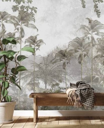 Gedempt groen junglebehang met hoge tropische palmbomen Gedempt groen junglebehang met hoge tropische palmbomen