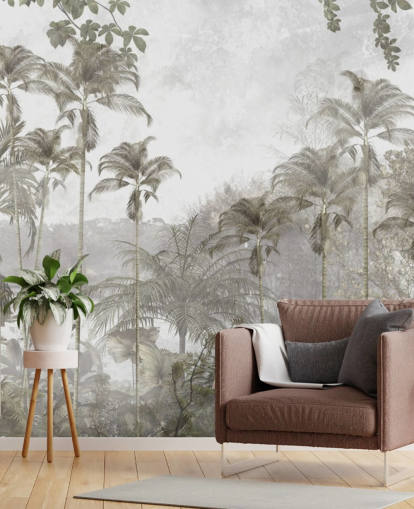 Papel pintado de selva verde apagado con altas palmeras tropicales Papel pintado de selva verde apagado con altas palmeras tropicales