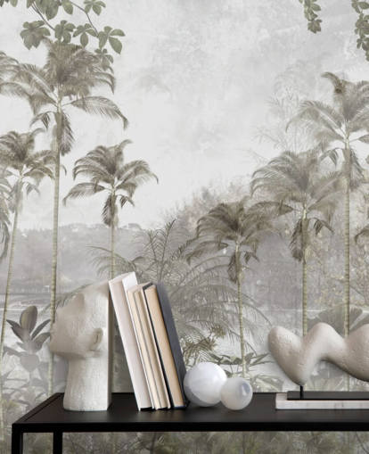 Muted green jungle wallpaper with tall tropical palm trees