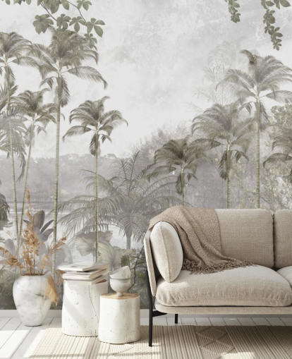 Papel pintado de selva verde apagado con altas palmeras tropicales