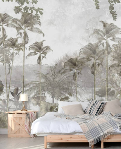 Papier peint de jungle verte atténuée avec de grands palmiers tropicaux