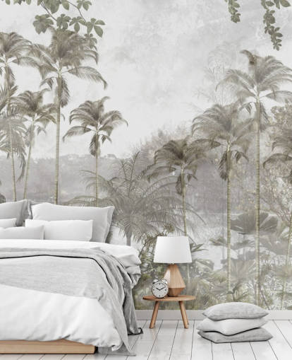 Papier peint de jungle verte atténuée avec de grands palmiers tropicaux