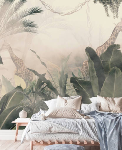 Muted green jungle trees and palm trees with a light cream haze with giraffes wallpaper