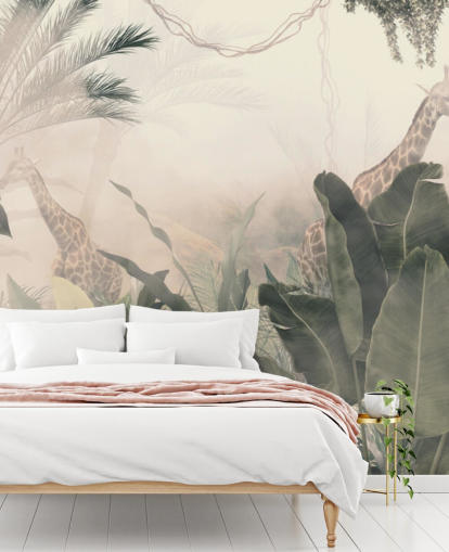Arbres verts de la jungle et palmiers discrets avec une légère brume crème avec du papier peint en forme de girafes Arbres verts de la jungle et palmiers discrets avec une légère brume crème avec du papier peint en forme de girafes