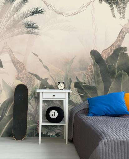 Muted green jungle trees and palm trees with a light cream haze with giraffes wallpaper