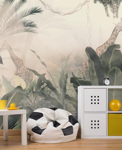 Muted green jungle trees and palm trees with a light cream haze with giraffes wallpaper