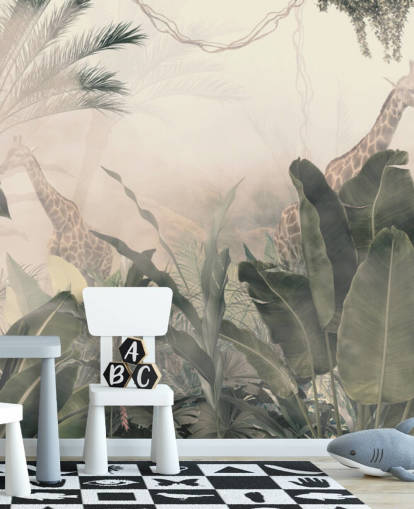 Muted green jungle trees and palm trees with a light cream haze with giraffes wallpaper