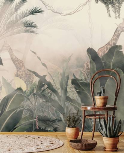Muted green jungle trees and palm trees with a light cream haze with giraffes wallpaper