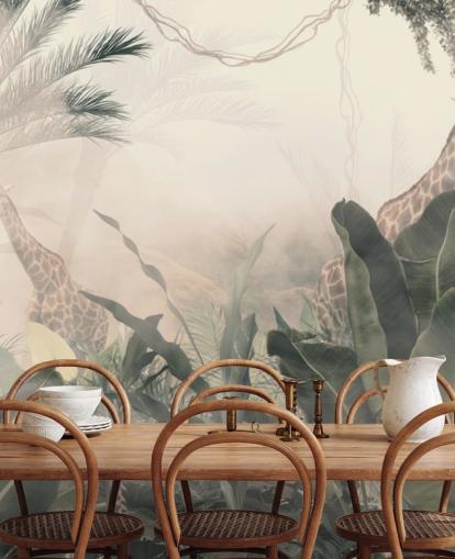 Palme e alberi della giungla verde tenui con una leggera foschia color crema con giraffe Palme e alberi della giungla verde tenui con una leggera foschia color crema con giraffe