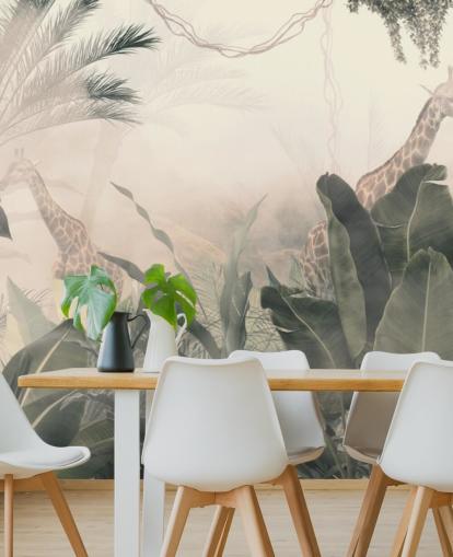 Palme e alberi della giungla verde tenui con una leggera foschia color crema con giraffe