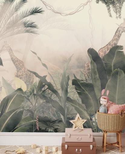 Muted green jungle trees and palm trees with a light cream haze with giraffes wallpaper Muted green jungle trees and palm trees with a light cream haze with giraffes wallpaper